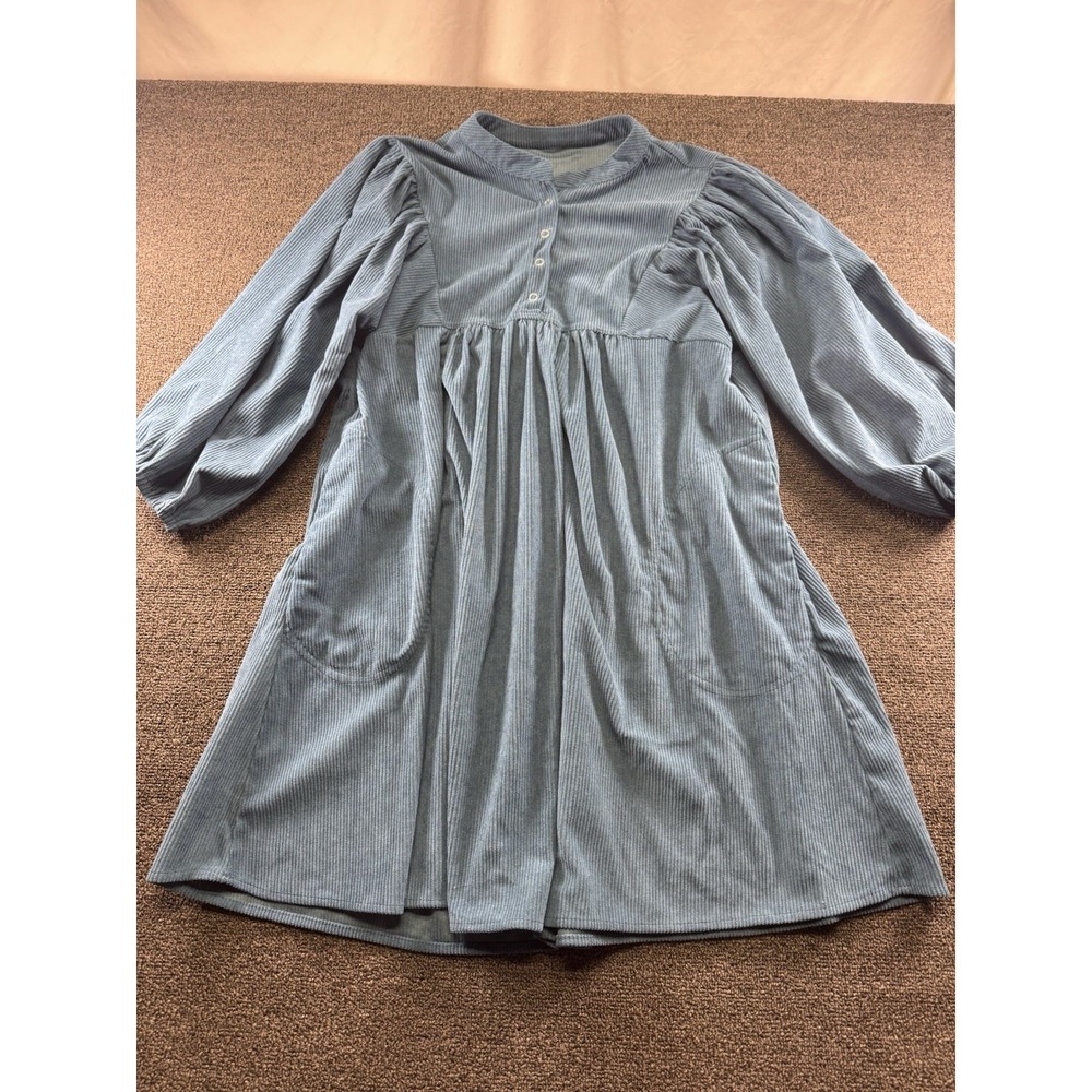 Womens Teal‎ Textured Babydoll Tunic Dress Size Large Long Balloon Sleeve